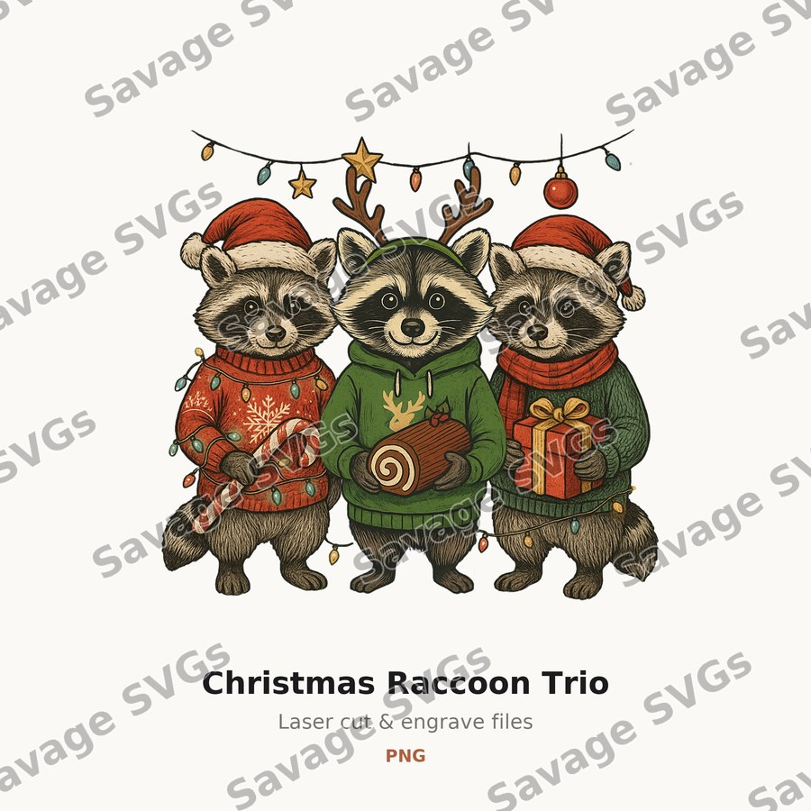 Christmas Raccoon Trio